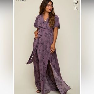 Purple Floral Wrap Front V-Neck Flutter Short Sleeve Maternity Maxi Dress S